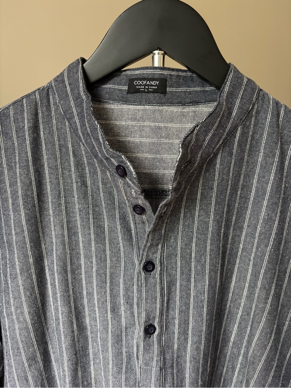 Men's Grey Striped Mandarin Collar Button-Down Shirt - Picture 2 of 7